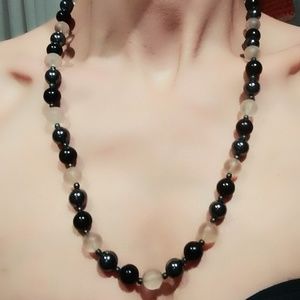Vintage Victorian Onyx, Hematite, & Glass Sterling Silver Bead Necklace